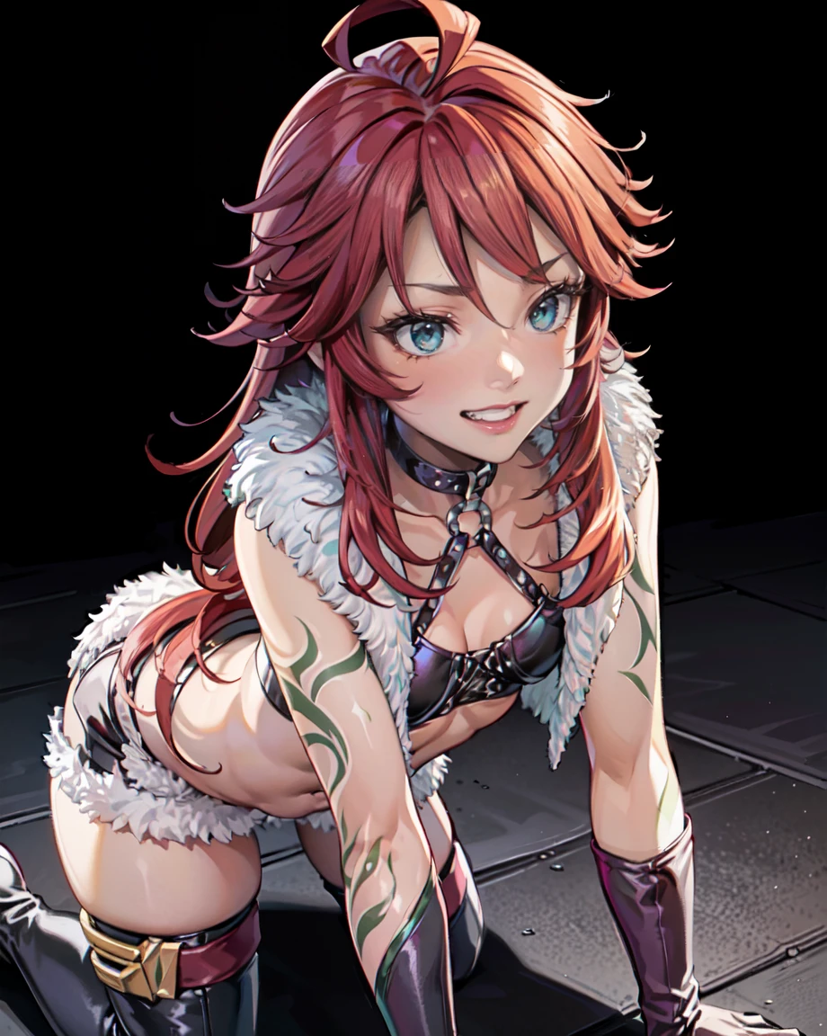 masterpiece, Highest quality, alone, One person,Fine hand, Detailed lighting, High resolution, autumn, autumning leaves, Grin, Aqua Eye, Shirley Orlando, Redhead, Ahoge, Long Hair, Medium chest, Green tattoo, choker, Fur coat, Fur trim, O-ring, Leather tops, Cleavage, Stomach, belly button, gloves, Black shorts, belt, Thigh-high boots, (((hands on the ground, on all fours, all fours, knee on the ground, dog walking, pet play))), messy hair, gleaming skin, oil skin, shiny skin, super detailed skin, straight hair,