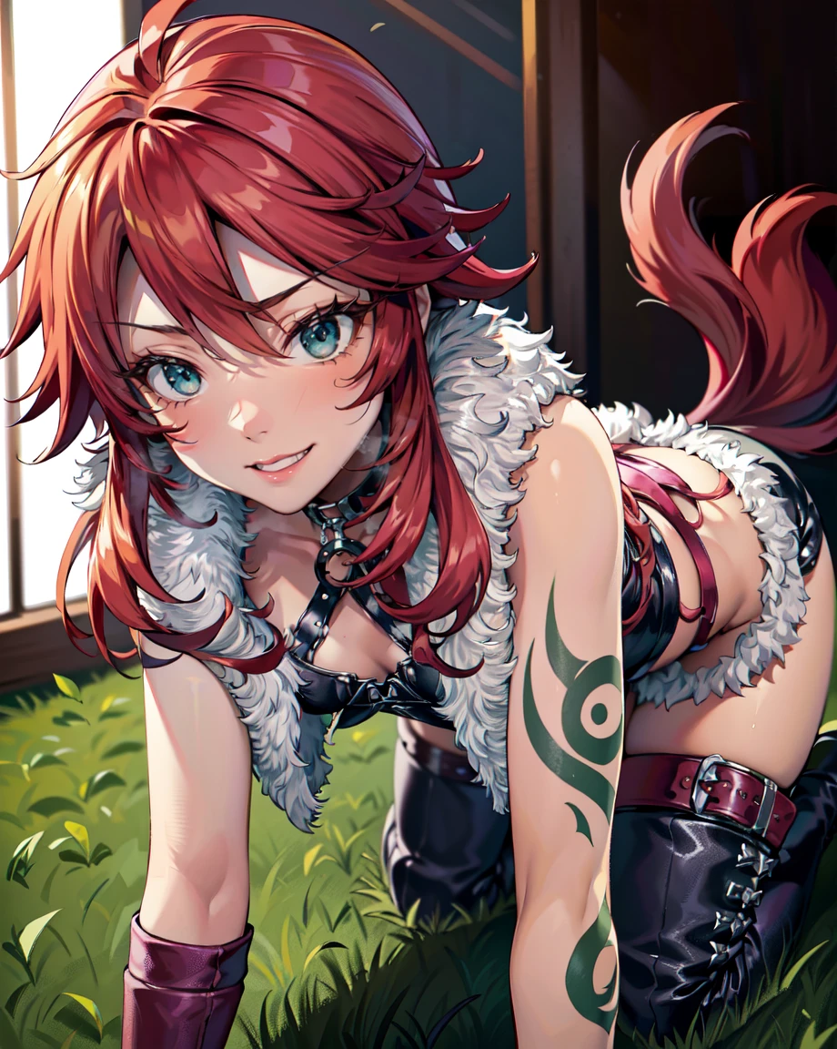 masterpiece, Highest quality, alone, One person,Fine hand, Detailed lighting, High resolution, autumn, autumning leaves, Grin, Aqua Eye, Shirley Orlando, Redhead, Ahoge, Long Hair, Medium chest, Green tattoo, choker, Fur coat, Fur trim, O-ring, Leather tops, Cleavage, Stomach, belly button, gloves, Black shorts, belt, Thigh-high boots, (((hands on the ground, on all fours, all fours, knee on the ground, dog walking, pet play))), messy hair, gleaming skin, oil skin, shiny skin, super detailed skin, straight hair,