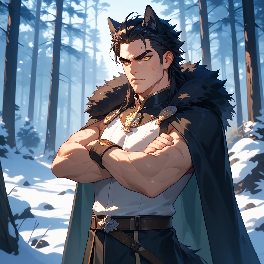 1man, wolf ears and tail, wearing fur clothes. Long Black hair, hair past shoulders, scars on cheek and body, Golden eyes. (35 years old), Stubble on chin, strong jaw,  Stoic, stern, neutral expression, Snowy forest background, Full body view, frowning, crossed arms. 
