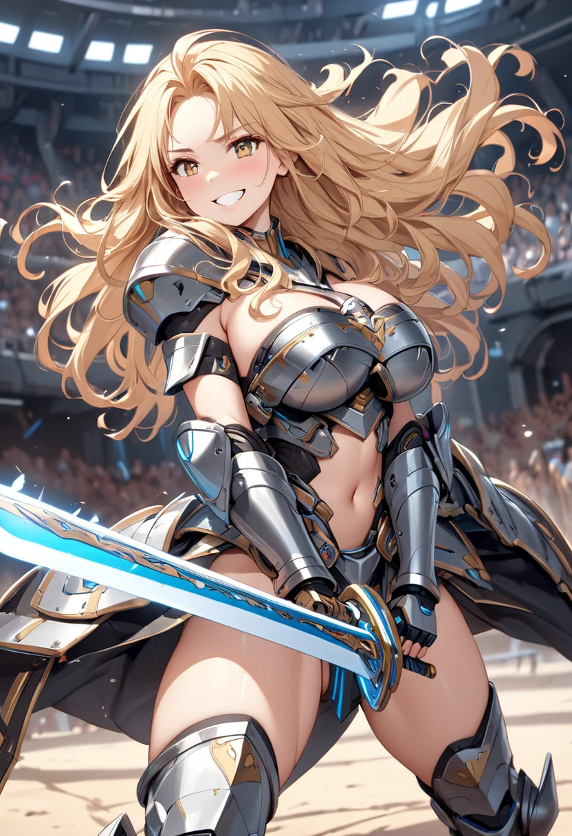 robot girl, solo, (long hair, wavy hair, blonde), gladiator, cute girl, perfect female body, big breasts, robot body, metallic armor, black armor, great sword, she holds a great sword , brave perspective, holding sword, fearless expression, grin, science fiction, gladiatorial arena, rapt audience, ultra-high resolution, masterpiece, anatomically correct, textured skin, high detail, high quality