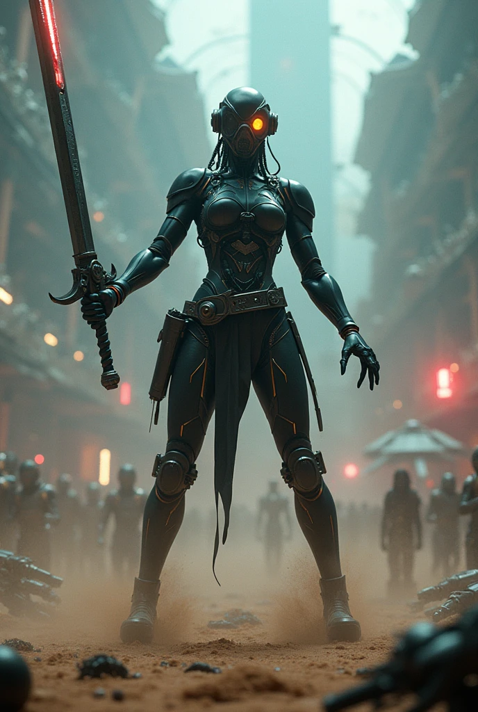 detailed android female, static shock sword rise up, black head, black body, lot of audience viewers in colosseum at future, cyberpunk style, burning foot, Gus mask mixed headgear, high tech face gaggle, glowing terror eye light, mechanical sagging bold belts, robot abs, tube, line code, spread arms, 1 knee up, other 1 knee put ground, sand storm, sand splash, horror movie lighting, blue light, red light, yellow light, green light, deep depth, bokeh, lot of multiple difficult machine robot at around her, bomb, in wars, broken wall large background,