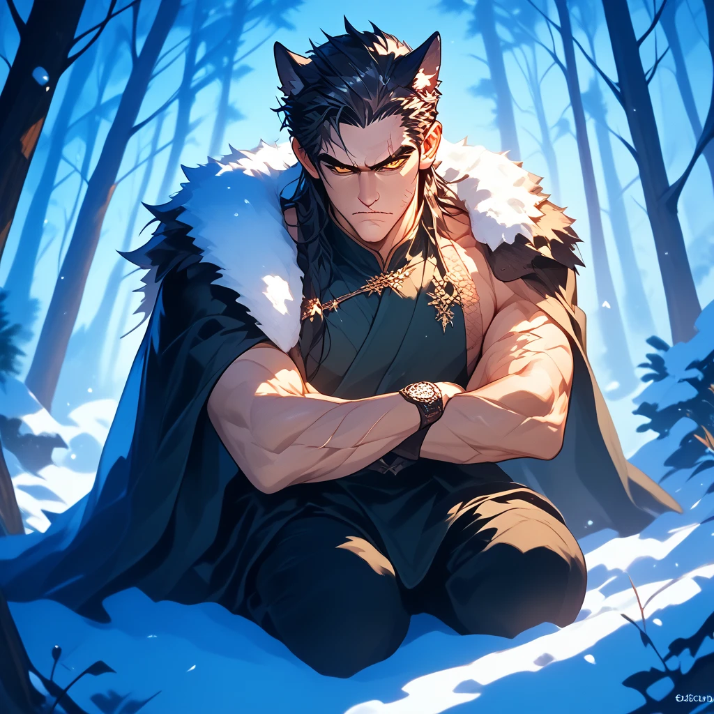 1man, wolf ears and tail, wearing fur clothes. Long Black hair, hair past shoulders, scars on cheek and body, Golden eyes. (35 years old), Stubble on chin, strong jaw,  Stoic, stern, neutral expression, Snowy forest background, Full body view, frowning, crossed arms. 
