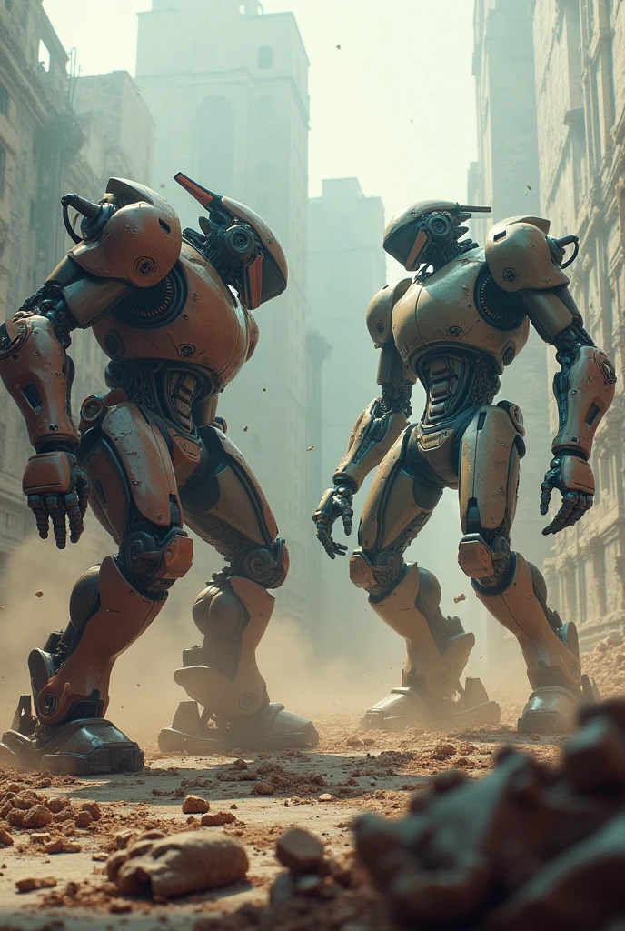 a highly detailed, photorealistic scene of two robot gladiators engaged in a fierce battle in a dilapidated futuristic colosseum, with debris and parts flying everywhere, dramatic cinematic lighting and atmosphere, masterpiece, 8k, hyper detailed, intricate mech design, advanced technology, post-apocalyptic setting, dramatic camera angles, dynamic action, gritty and realistic textures, vibrant colors, hard surface shading, volumetric fog, cinematic depth of field, dramatic shadows, ray-traced lighting