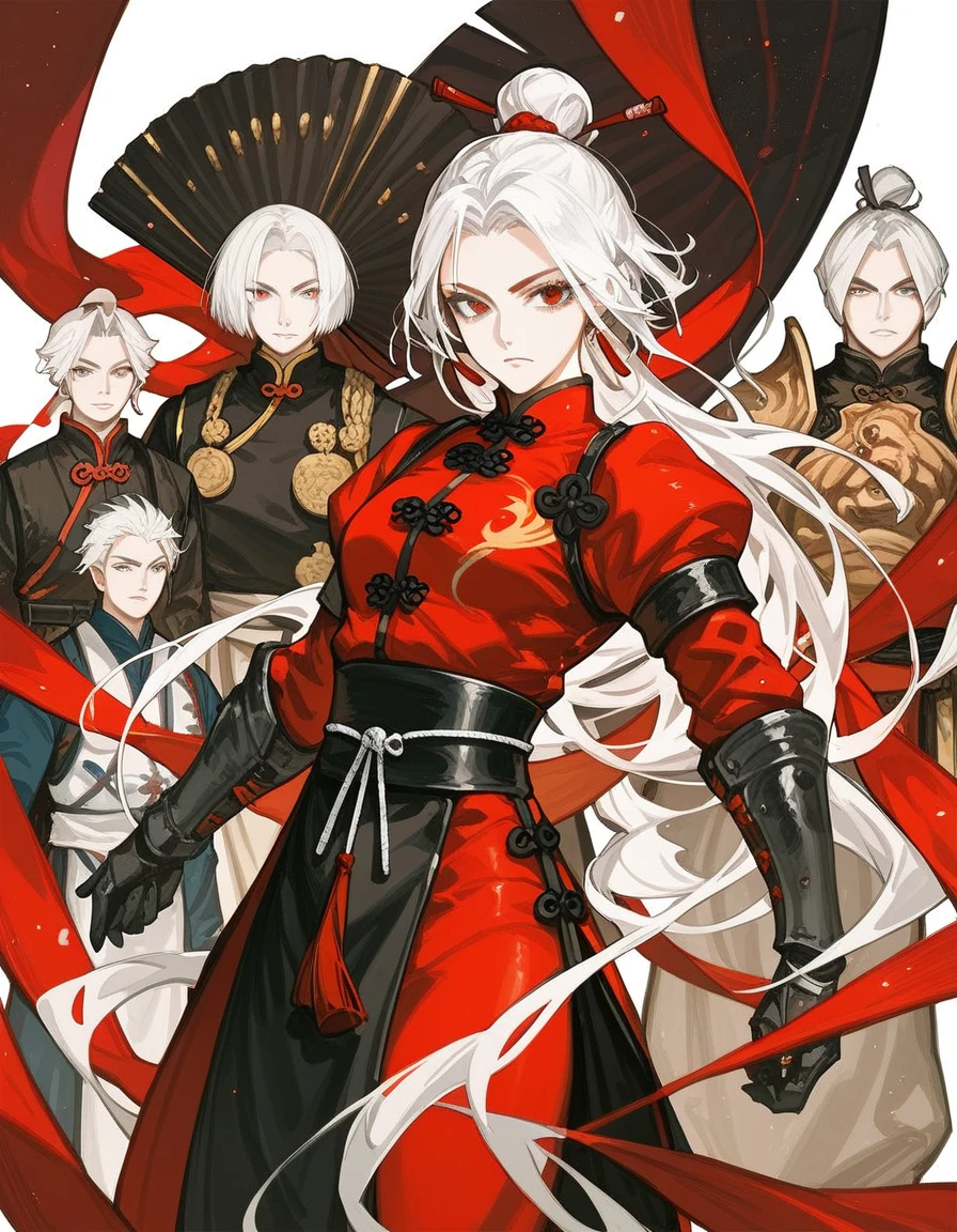 White hair, Straight length , Hair Gathered , forehead,The Han Fu suit is an ancient Chinese warrior outfit  , dark red eyes, There are several small mangoes in the background