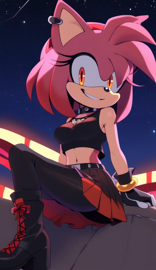 ((masterpiece)) ((UHD)) 4K, High detailed, ((detailed shadowing)) Female anthropomorphic hedgehog, Amy Rose, mobian, bright pink fur, furry, Anime style art, Studio Quality, Atractive, gorgeous body, close up portrait, Best Quality, High resolution, breasts, midriff, multicolored hair pink messy, frizzy, short Punk Hair with red highlights, red hair bow, long bangs, orange eyes, red crop top, black trim, spike bracelets, long black gloves, black choker, earrings, red skirt with black stripes, long black & red punk boots,red stockings with black stripes , creepy smile, wide- eyed, crazy, bonkers, unhinged, Looking at viewer, sitting ((nighttime)) ((starry sky)) ((ambient lighting)) (cinematic lighting)) creepy carnival background