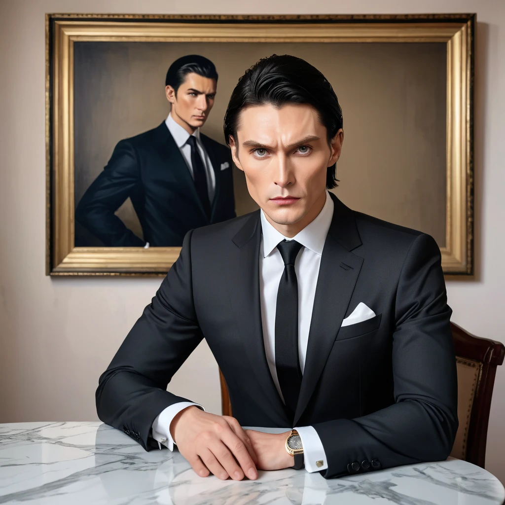 Portrait of a man, stern face, cheekbones,  perfect clean soft pussy ,  black hair, brutal, in a suit at the table ,  on the wall, an expensive painting ,  ultra high quality photo, real photo,  live person