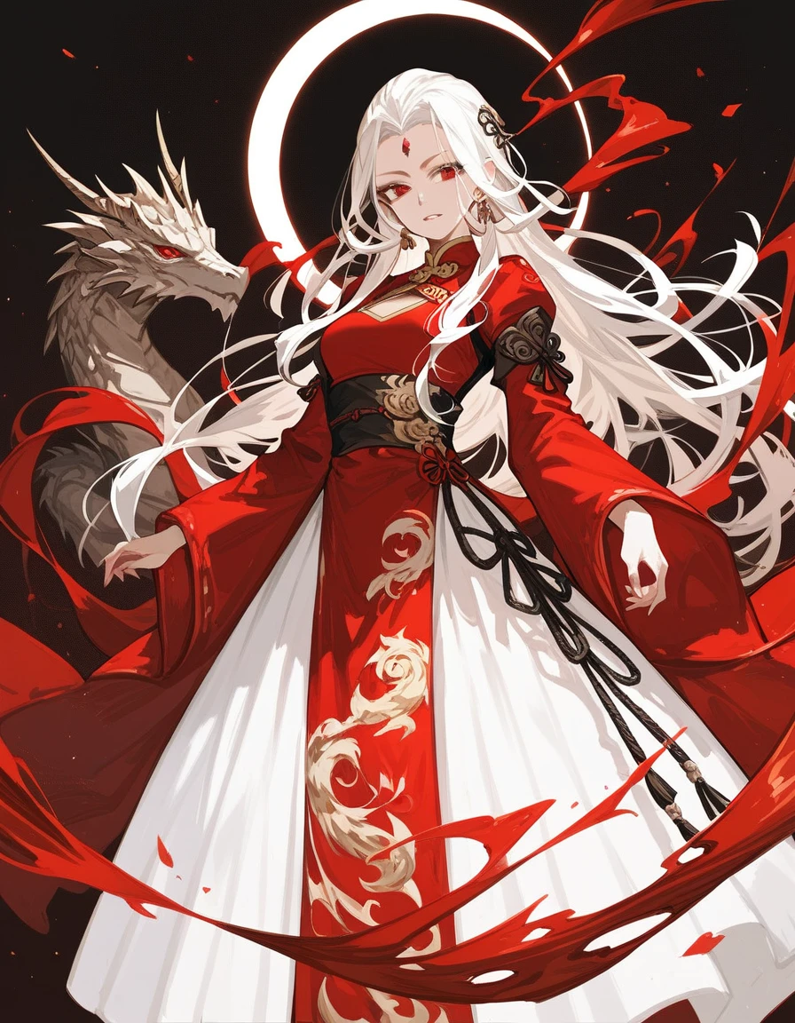 1Ss White-haired , Straight length , Hair Gathered , forehead, Han Fu Dress , dark red eyes,  with several little dragons in the background