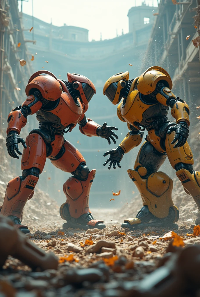 a highly detailed, photorealistic scene of two robot gladiators engaged in a fierce battle in a dilapidated futuristic colosseum, with debris and parts flying everywhere, Cross Counter, dramatic cinematic lighting and atmosphere, masterpiece, 8k, hyper detailed, intricate mech design, advanced technology, post-apocalyptic setting, dramatic camera angles, dynamic action, gritty and realistic textures, vibrant colors, hard surface shading, volumetric fog, cinematic depth of field, dramatic shadows, ray-traced lighting