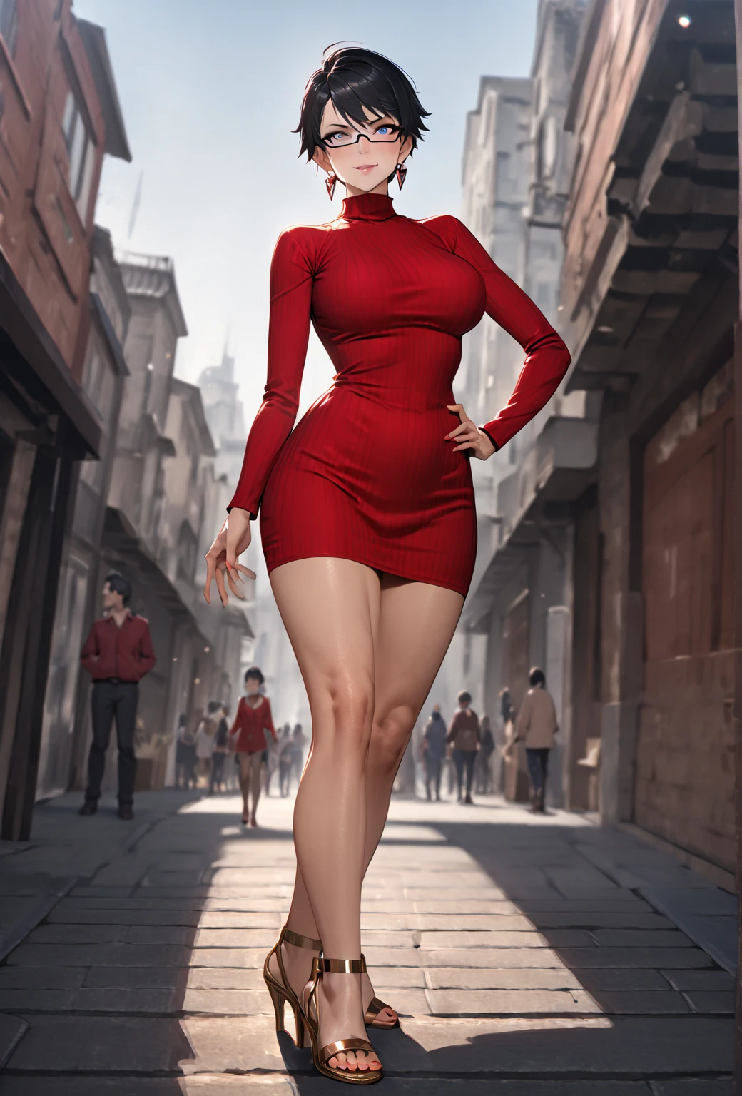 Mature woman, 1girl, solo, short black pixie hair cut, short pixie haircut black hair, blue eyes, black eyeliner, red plump lips, palid skin tone, very large sagging breasts, long legs, wearing earrings, wearing glasses, wearing skin-tight turtleneck ribbed red dress with long sleeves, wearing red ribbed short dress, wearing body tight turtleneck red dress, wearing black silky pantyhose, wearing high heeled golden sandals, the woman is standing on the sidewalk with her left hand resting on her hips and her right hand waving at the viewer, staring down at viewer, looking down at viewer with a condescending facial expression, smug facial expression, smirking, low angle point of view, volumetric shading, dynamic lighting, well drawn hands, well drawn face, masterpiece, detailed skin texture, detailed hair, full body on frame, low angle perspective, simple city background with people walking, blurry background, sexy skinny body, Bayonetta, cereza.