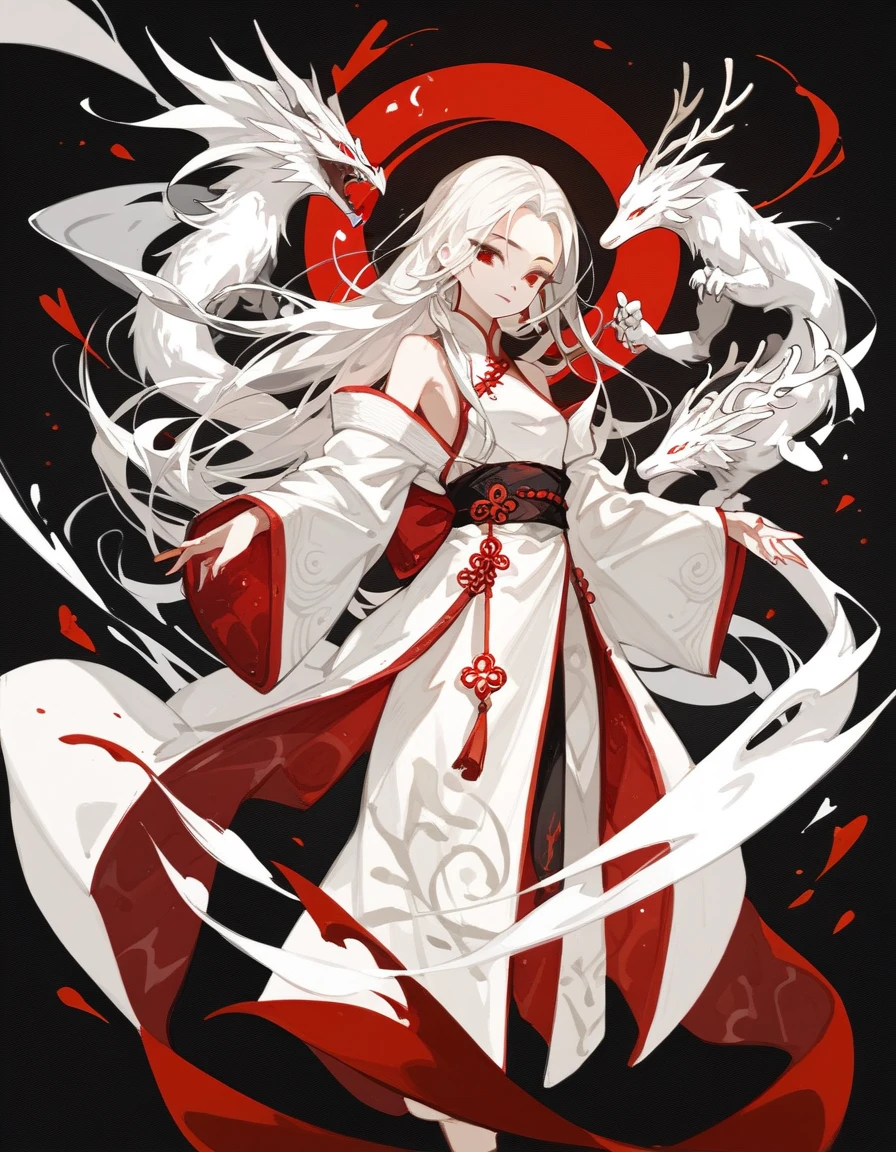 1Girl, white hair , Straight length , Hair Gathered , forehead,, a white silk robe with a symbol on the back , dark red eyes,  with several small Chinese dragons in the background.