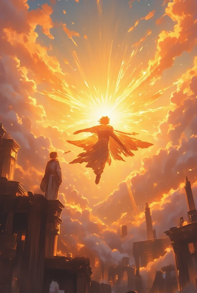 1 boy with wings,Icarus flying towards the sun,dramatic sky,dramatic lighting,glowing sun,golden light,detailed feathers,dramatic clouds,ancient Greek architecture,cinematic composition,hyper detailed,concept art,matte painting,vibrant colors,dramatic atmosphere,photorealistic,masterpiece