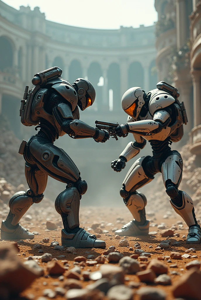 a highly detailed, photorealistic scene of two robot gladiators engaged in a fierce battle in a dilapidated futuristic colosseum, with debris and parts flying everywhere, Cross Counter, Fighting with weapons, dramatic cinematic lighting and atmosphere, masterpiece, 8k, hyper detailed, intricate mech design, advanced technology, post-apocalyptic setting, dramatic camera angles, dynamic action, gritty and realistic textures, vibrant colors, hard surface shading, volumetric fog, cinematic depth of field, dramatic shadows, ray-traced lighting