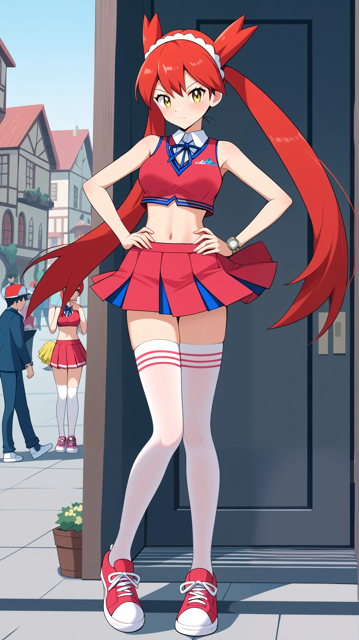 (( top quality )), ((masterpiece)), (( Details)), 1girl, Red hair color,  twin tails,  long hair, Yellow Eyes, Cheerleader Costume,  pink sleeveless shirt without gloves,  pink pleated mini skirt,  white knee-high stockings reflective on glass floors,  absolute domain, white lace up shoes , Pom-pom,  Tall,  ANIME COLORING BOOK,  Watch Viewers , 1 Female, Age 18,  is standing, whole body, Place one hand on hip,  slim figure,  serious expression, town, (\ Pokémon\),  score_9,  score_8_Excellent,  score_7_Excellent,  score_6_Excellent,  Source_Anime,  Cell Shading,  flat color, vector, Ample breasts, Two legs, two arms,