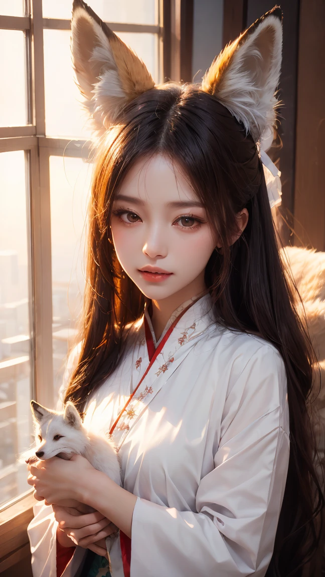 Hide in the ancient shrine、Hair flows、 ((highest quality、masterpiece、8k、best image quality、ultra high resolution、Award-winning work)、(accurate anatomy:1.1)、(look at me and smile:1.1)、Shining fair skin with ultra high resolution、most detailed face、ultra high resolution detailed face、ultra high resolutionの髪の毛、(ultra high resolutionの煌めく瞳:1.1)、Beautiful face drawn in every detail、(blurred background:1.1)、ancient shrine maiden clothes, chest together, tattoo、white fox aside 