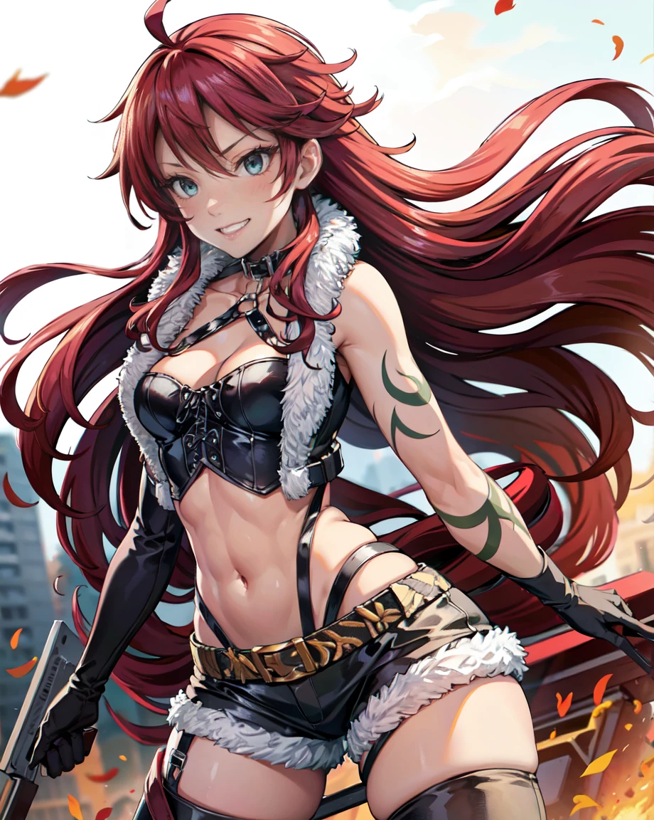 adult woman, mature female, adult face, fearless face, sharp face, masterpiece, Highest quality, alone, One person,Fine hand, Detailed lighting, High resolution, autumn, autumning leaves, Grin, Aqua Eye, Shirley Orlando, Redhead, Ahoge, Long Hair, Medium chest, Green tattoo, choker, Fur coat, Fur trim, O-ring, Leather tops, Cleavage, Stomach, belly button, gloves, Black shorts, belt, Thigh-high boots, messy hair, gleaming skin, oil skin, shiny skin, super detailed skin, straight hair, abs, 