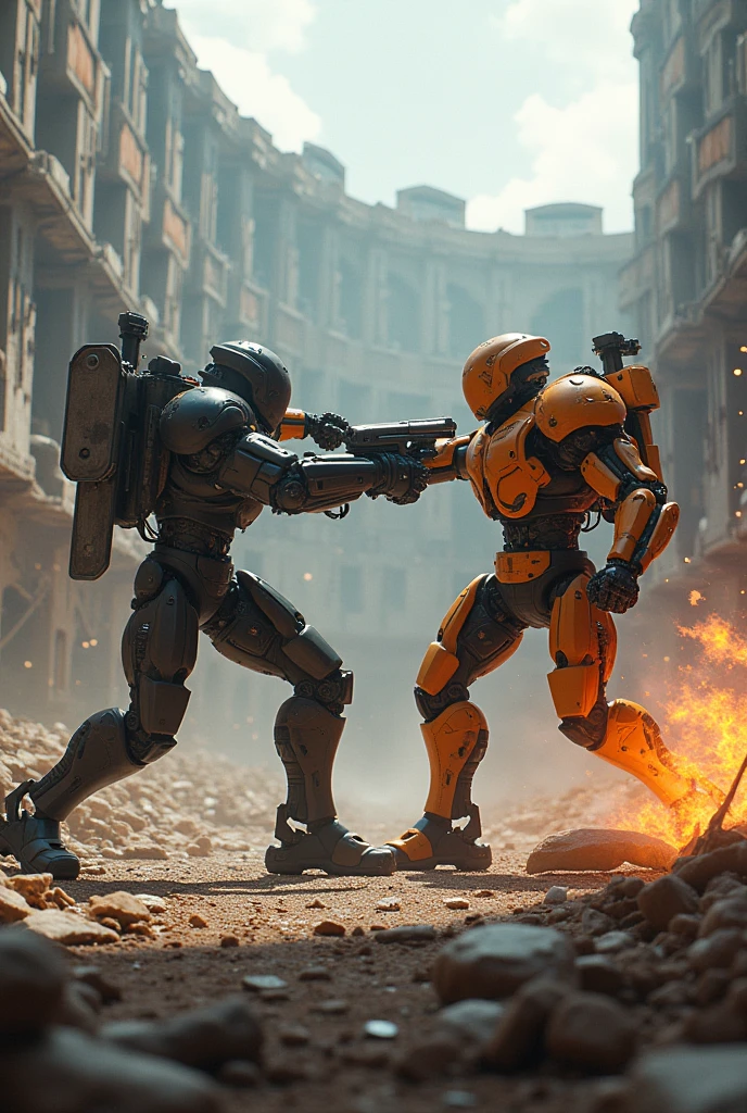 a highly detailed, photorealistic scene of two robot gladiators engaged in a fierce battle in a dilapidated futuristic colosseum, with debris and parts flying everywhere, Cross Counter, Fighting with weapons, dramatic cinematic lighting and atmosphere, masterpiece, 8k, hyper detailed, intricate mech design, advanced technology, post-apocalyptic setting, dramatic camera angles, dynamic action, gritty and realistic textures, vibrant colors, hard surface shading, volumetric fog, cinematic depth of field, dramatic shadows, ray-traced lighting