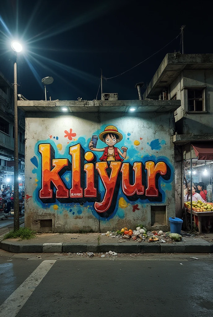 A graffiti mural in Indonesia has colorful, glossy graffiti that says "KLIYUR" graffiti and also a picture of the anime cartoon Luffy One Piece carrying a paint spray can.  The picture is on a small plain wall surrounded by a cement-colored shop.  basic colors at night on the side of the highway and where.  The position of the wall is in the middle and to the right of the wall there is a fruit stall and to the left there is a food stall, taken at night with lighting from 4 very bright street lamps shining towards the tempok which is very aesthetic at night.  In front of the wall there are many hawkers selling sedans