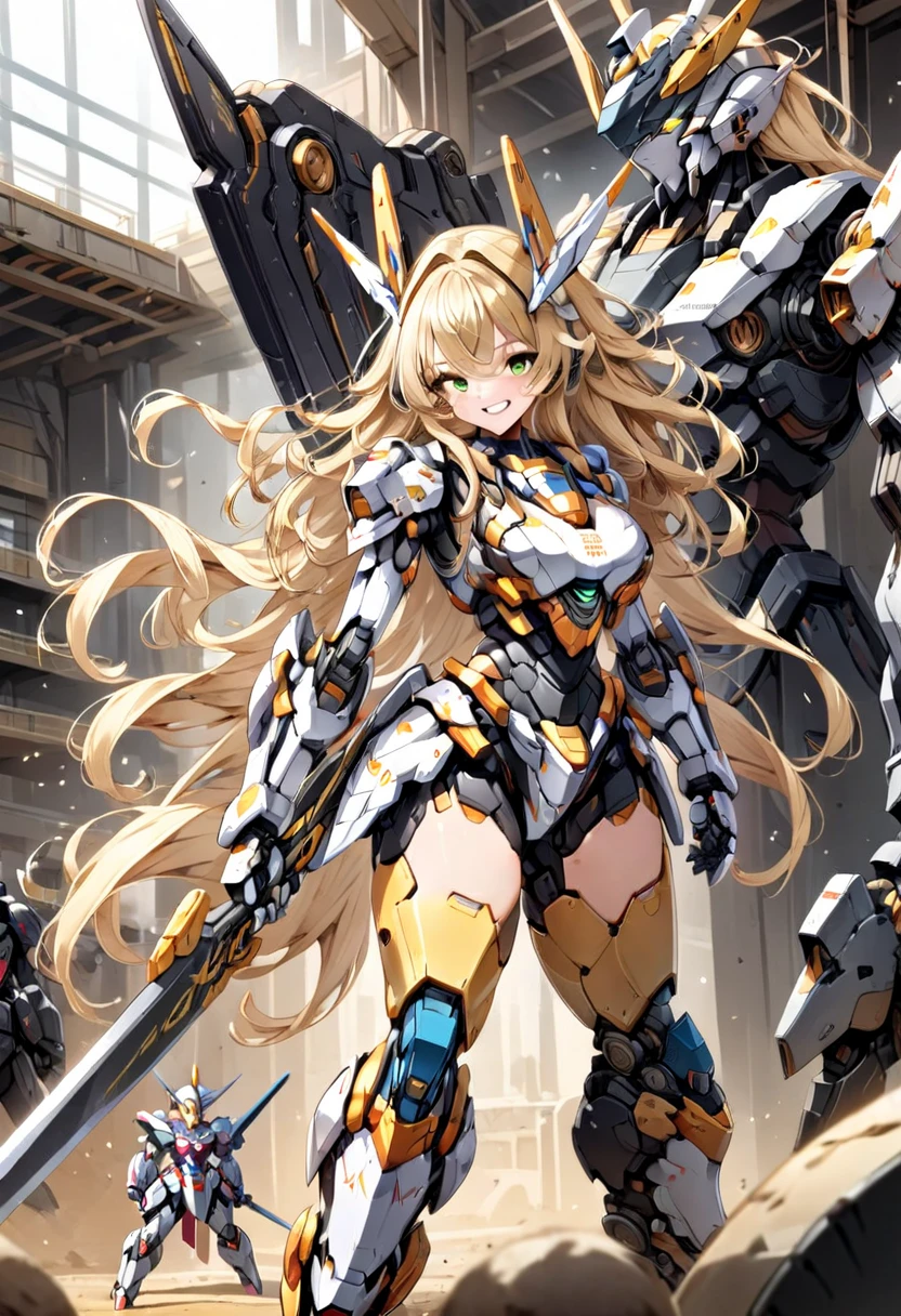 (((( mecha, mecha girl, robot, robot girl )))), solo, (long hair, wavy hair, blonde), gladiator, cute girl, perfect female body, big breasts, robot body, metallic armor, black armor, great sword, she holds a great sword , brave perspective, holding sword, fearless expression, grin, science fiction, gladiatorial arena, rapt audience, ultra-high resolution, masterpiece, anatomically correct, textured skin, high detail, high quality