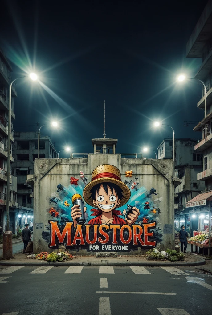 A graffiti mural in Indonesia has colorful, glossy graffiti that says "Maustore for everyone" graffiti and also a picture of the anime cartoon Luffy One Piece carrying a paint spray can.  The picture is on a small plain wall surrounded by a cement-colored shop.  basic colors at night on the side of the highway and where.  The position of the wall is in the middle and to the right of the wall there is a fruit stall and to the left there is a food stall, taken at night with lighting from 4 very bright street lamps shining towards the tempok which is very aesthetic at night.  In front of the wall there are many hawkers selling sedans