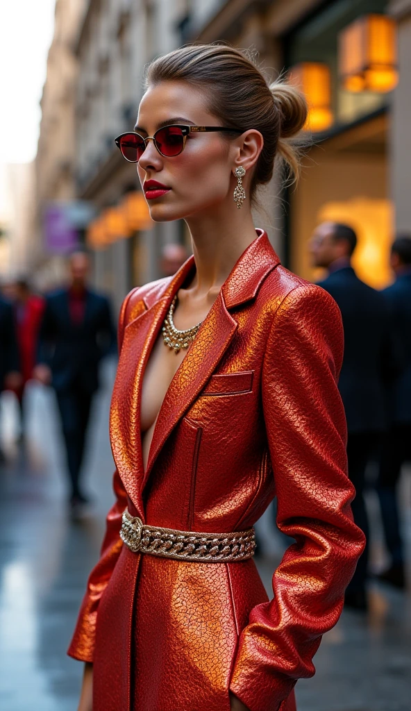 Imagine a hyper photo realistic fashion model posing dynamically in an urban setting. She's dressed in a luxurious, mid-length coat in a rich caramel hue. The coat is crafted with a sharp tailoring, boasting a pronounced collar, structured shoulders, and prominent buttons down the front. It’s made of a material with the sheen and texture of high-quality leather. The model has a confident air about her, with one side of her red coat artistically flared to suggest movement. She accessorizes with oversized, circular earrings with a metallic gold finish. Her hair is swept up elegantly, with a few strands artfully escaping to soften her features, and her makeup includes a statement red lip. Behind her, there's a minimalist structure featuring a geometric design, 8k, Canon F6 70mm lens, full body shot three quarter view --ar 9:16 --stylize 750
Tags
fashion model, hyper-realism, luxurious coat, metallic gold earrings, red lip, urban setting, v 6