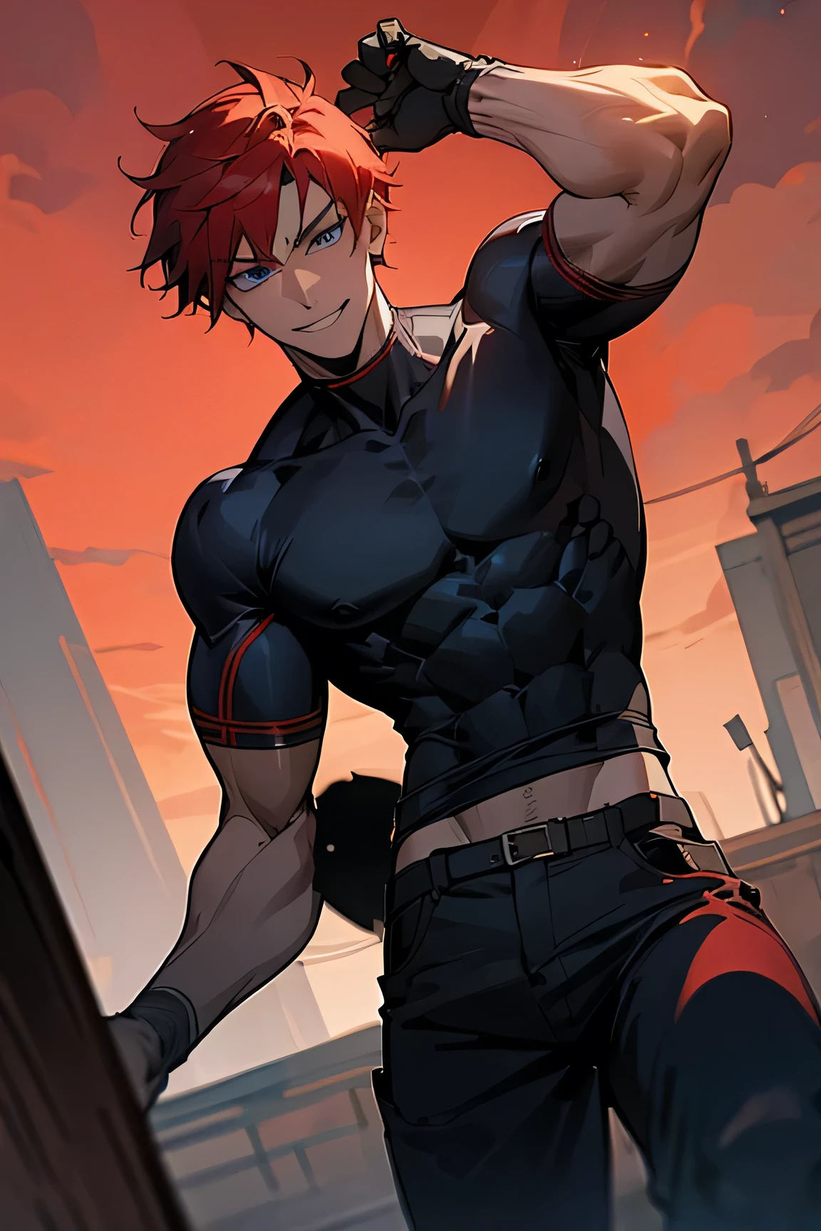 man, Tall,Red hair,Dark blue eyes;Age 30., short hair , is muscular , wearing sexy shorts, gathering breasts,Pretty face long pants , Intense Atmosphere , Sky Black , dark color ,. He's a smiling psycho boy ,Holding a dark ,, he's a killer ,Proposed in a sexy pose