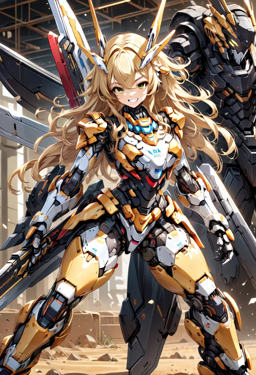 (((( mecha, mecha girl, robot, robot girl )))), solo, (long hair, wavy hair, blonde), gladiator, cute face:1.9, perfect female body, big breasts, robot body, metallic armor, black armor, great sword, she holds a great sword , brave perspective, holding sword, fearless expression, grin, science fiction, gladiatorial arena, rapt audience, ultra-high resolution, masterpiece, anatomically correct, textured skin, high detail, high quality