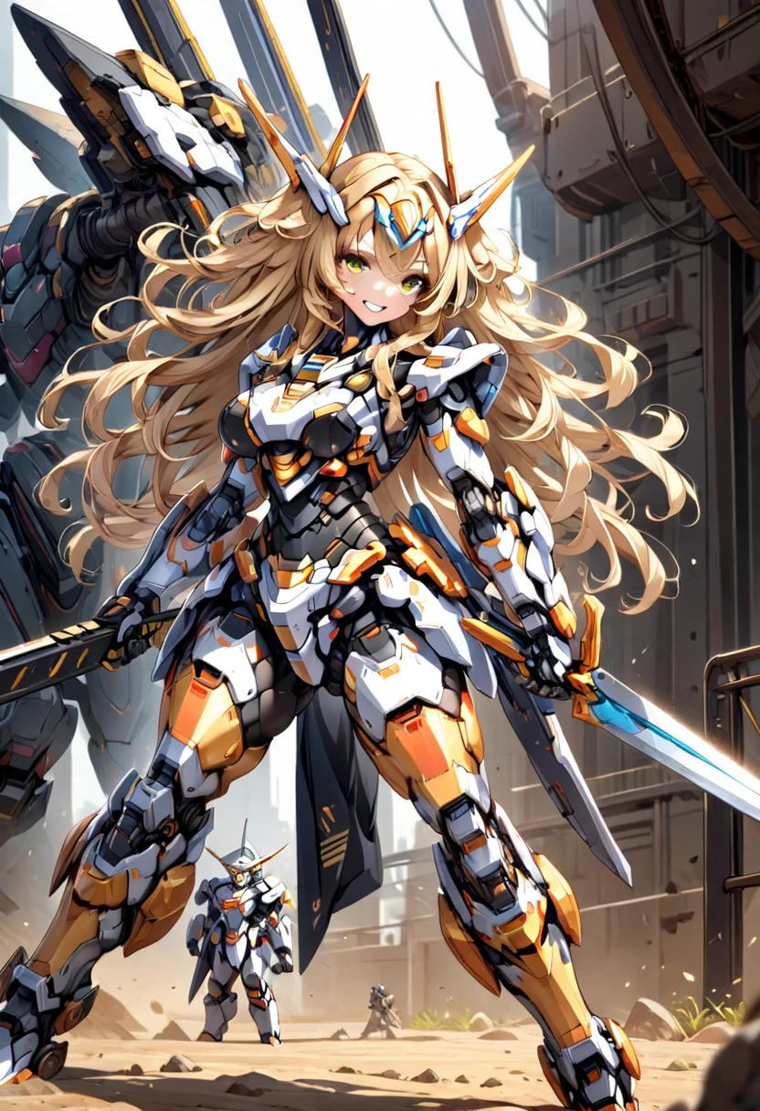 (((( mecha, mecha girl, robot, robot girl )))), solo, (long hair, wavy hair, blonde), gladiator, cute face:1.9, perfect female body, big breasts, robot body, metallic armor, black armor, great sword, she holds a great sword , brave perspective, holding sword, fearless expression, grin, science fiction, gladiatorial arena, rapt audience, ultra-high resolution, masterpiece, anatomically correct, textured skin, high detail, high quality