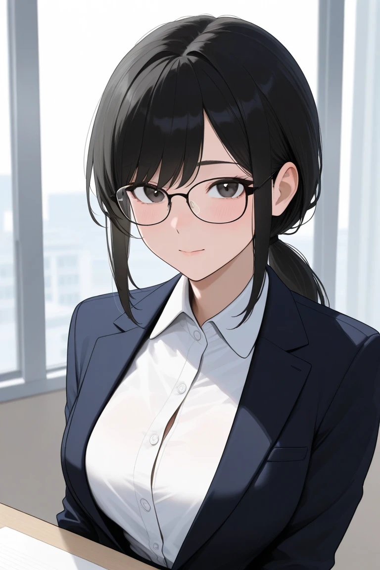 A young woman with glossy black hair styled in a loose, low ponytail. She has a gentle and approachable expression, wearing black-rimmed glasses. Her outfit consists of a sleek blazer and a neatly buttoned blouse, exuding a professional secretary look. The setting is a modern and elegant CEO's office, with large windows, minimalistic furniture, and soft natural lighting. The overall color palette is warm and sophisticated, highlighting her professionalism and approachable nature