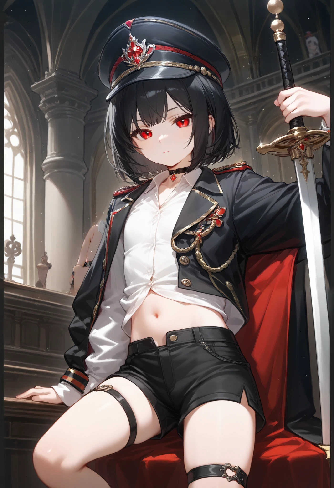 ((최고의 품질)), ((걸작)), (상세한), 완벽한 얼굴, SOLO, 1 BOY, SHOTA, ANIME, beautiful detailed eyes, BOB hair, black hair, red EYES, BARE thighs, (((BARE LEG))), ((BLACK short pants)), (((dress shirt))), ((MID DRIFF)), Flat chest, Choker, expressionless, (Thigh strap), Royal palace, GREAT HALL, ((DICK)), (Black General's Uniform), (black Socks), Uniform hat, ((sword))