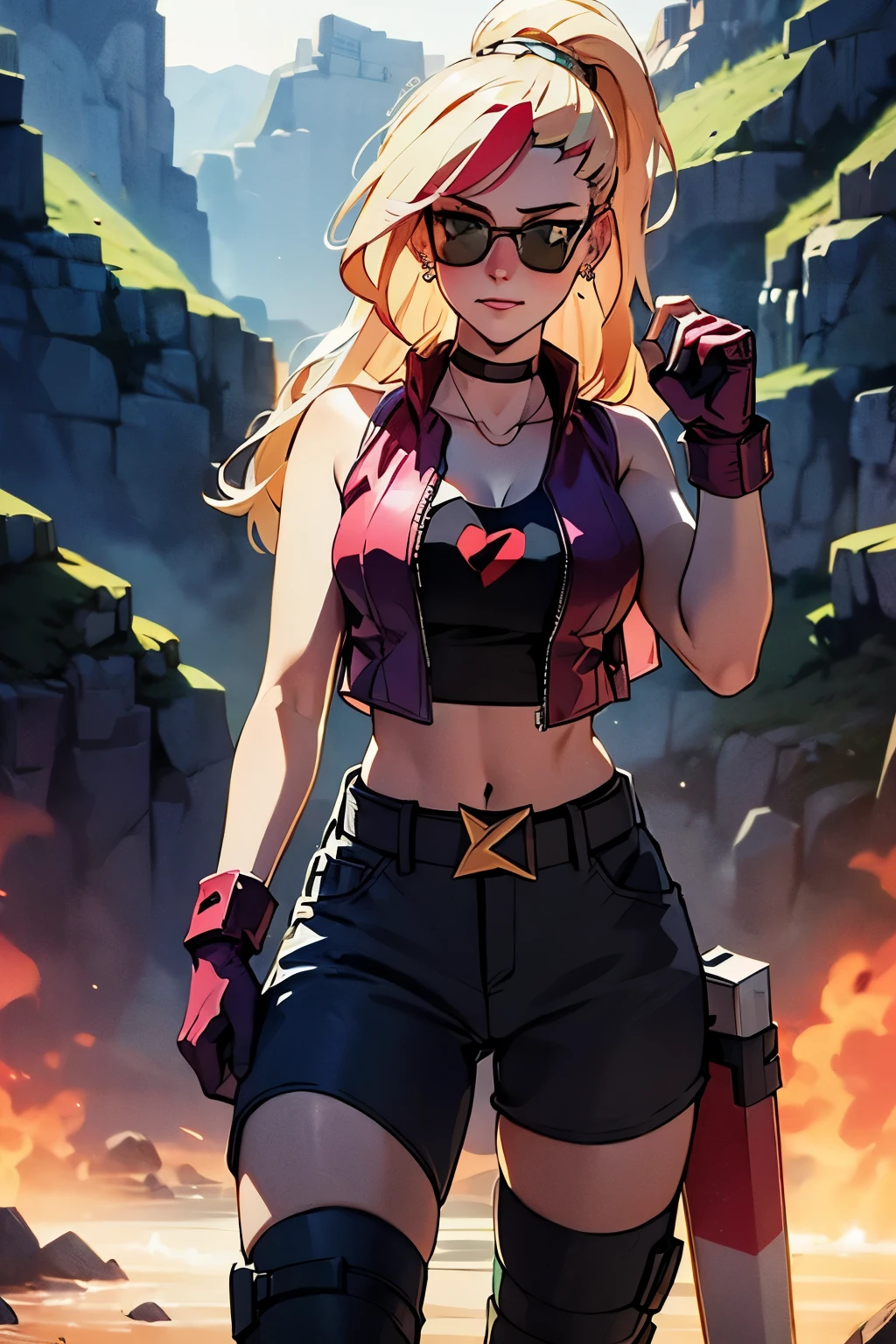 20 year old girl, long flowing blonde hair, blue sunglasses on head, cute face, green eyes, light blush, green earrings, prism necklace, black tube top, open midriff, red vest, brown biker gloves, jeans, brown belt, steel toe boots, large chest