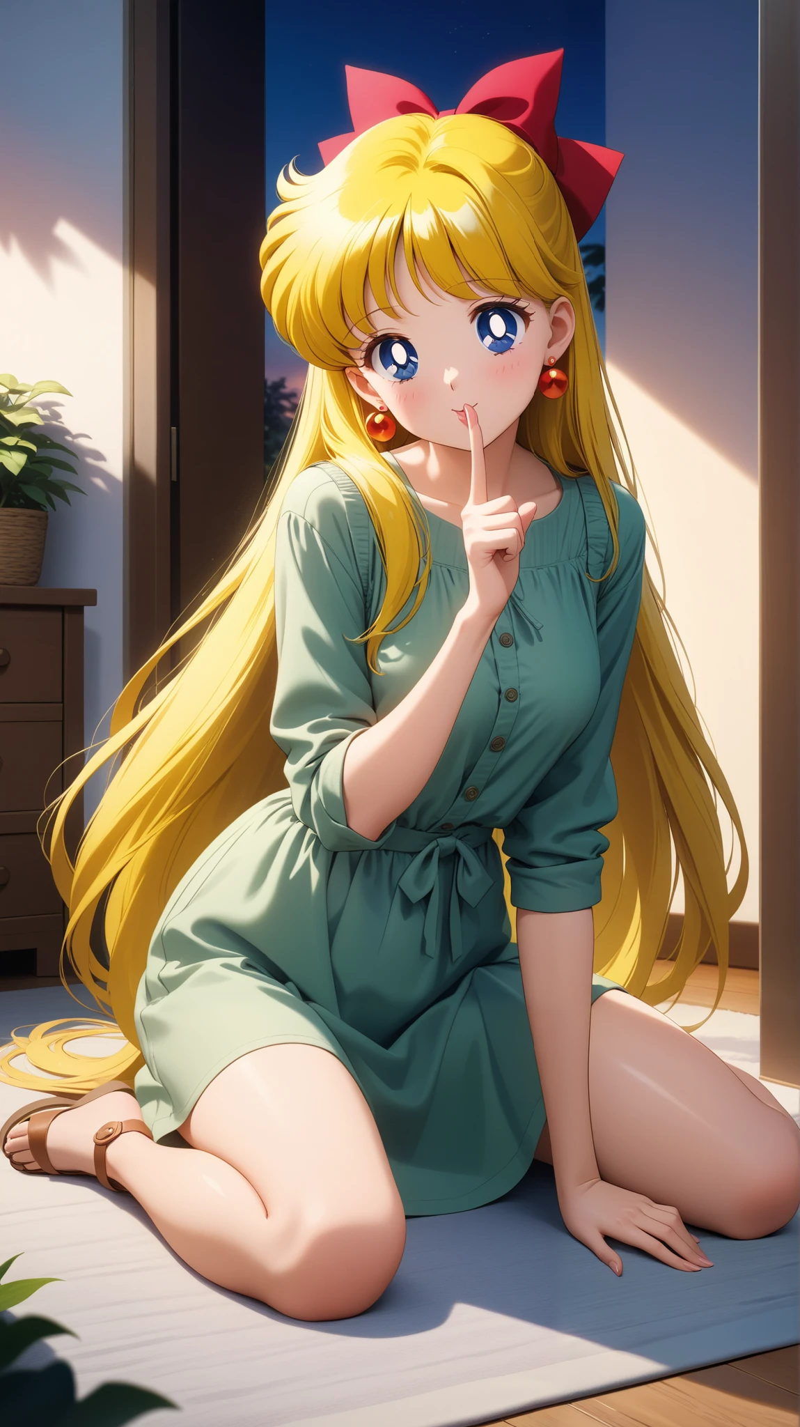 (masterpiece, best quality, very aesthetic, ultra detailed), intriguing details, aavenus, long hair, blonde hair, hair bow, sandals, circular earrings, wariza, leaning forward, shushing, green casual dress, at home, evening time