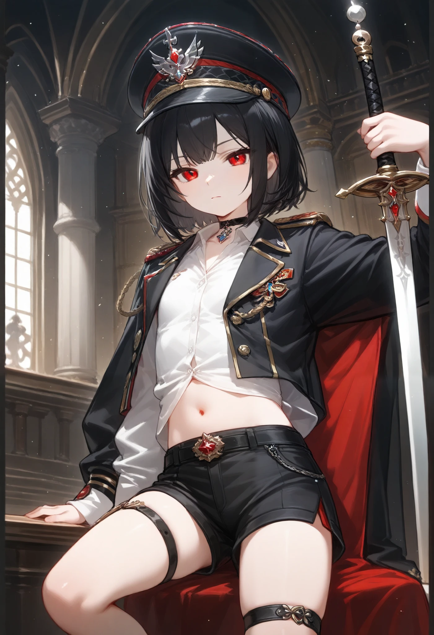 ((최고의 품질)), ((걸작)), (상세한), 완벽한 얼굴, SOLO, 1 BOY, SHOTA, ANIME, beautiful detailed eyes, BOB hair, black hair, red EYES, BARE thighs, (((BARE LEG))), ((BLACK short pants)), (((dress shirt))), ((MID DRIFF)), Flat chest, Choker, expressionless, (Thigh strap), Royal palace, GREAT HALL, ((DICK)), (Black General's Uniform), (black Socks), Uniform hat, ((sword))