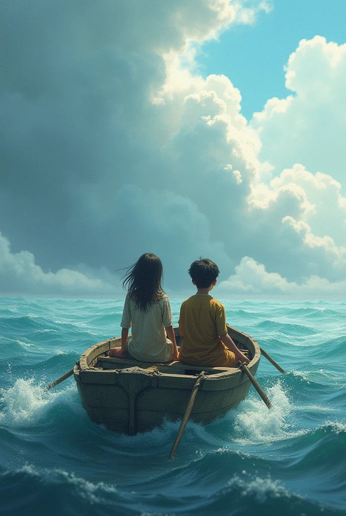 Two young children are sitting in a boat in the sea, conversing with each other. One of them is throwing a piece of iron and the other is throwing a piece of wood. They are walking in the boat in the middle of the sea and the boat is moving in the sea.