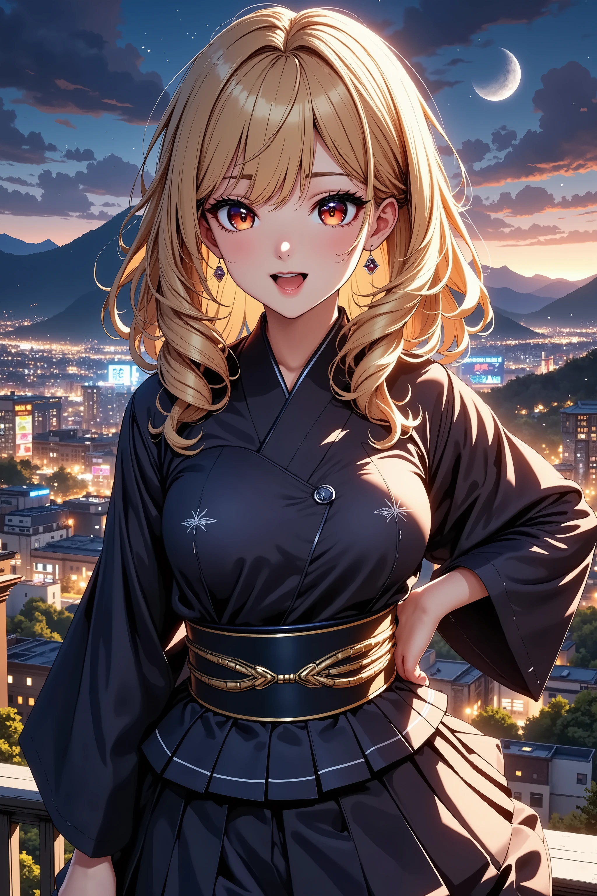 An uninouchi overlooking the town、 Japanese Knife 、Sengoku Warlord Armor、glossy brown skin, small breasts, video, yellow hair, inviting, top quality, textured skin, thin legs,  movie light effect, Mountain top, Big city night view , Japanese Kimono