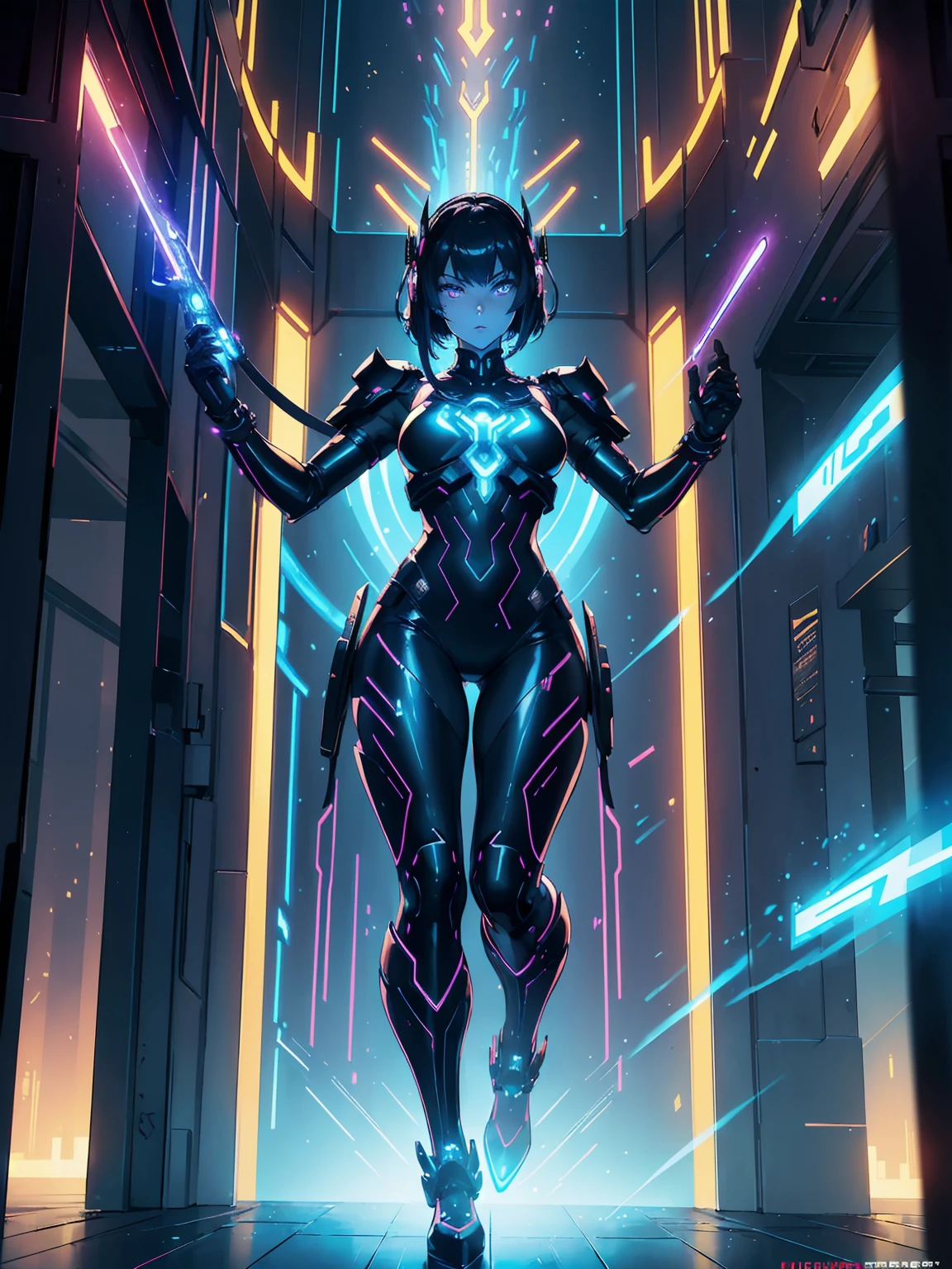 Neon lighting up a futuristic cybernetic woman with black body suit electric blue and hot pink neon lights throughout the body suit. Animated illustrate digital art. with bright neon lighting around the platform