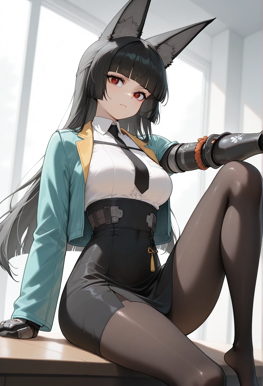 masterpiece,best quality,amazing quality,sharp details, vivid color miyabizzz, 1girl, animal ear fluff, animal ears, aqua jacket, black gloves, black hair, black necktie, black pantyhose, black skirt,single gauntlet, blunt bangs, breasts, closed mouth, fox ears, fox girl, gloves, high-waist skirt, jacket, knee up, leg up, long hair, medium breasts, necktie, no shoes, pantyhose, red eyes, shirt, sitting, skirt, solo, white shirt