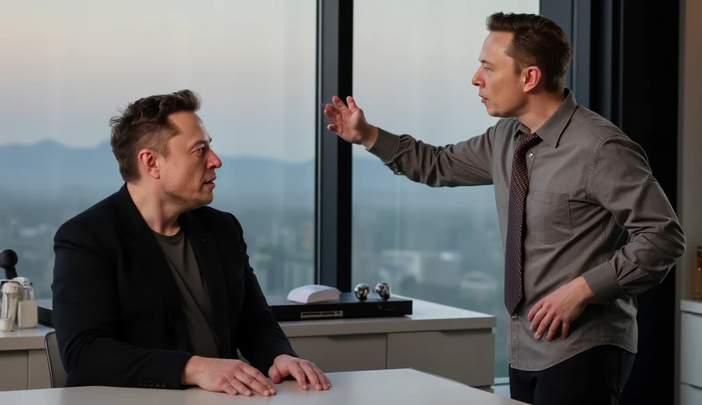 An ultra-realistic image of a tense and dramatic office scene. Elon Musk, dressed in a simple black blazer and a dark T-shirt, sits at a modern, minimalist desk in his sleek x.com office. His expression is calm yet focused, with one eyebrow slightly raised as he listens intently. Standing across from him is a mid-30s male employee, his face flushed with anger, mid-yell, gesturing aggressively with one hand while the other is clenched in a fist at his side. The employee is wearing a wrinkled button-down shirt and a loosened tie, his body language radiating frustration and defiance. The office background features a large glass window with a faint view of Silicon Valley, sleek furniture, and a few scattered prototypes on a shelf. The lighting is dramatic, with the evening sun casting long shadows, emphasizing the tension and emotional charge in the room