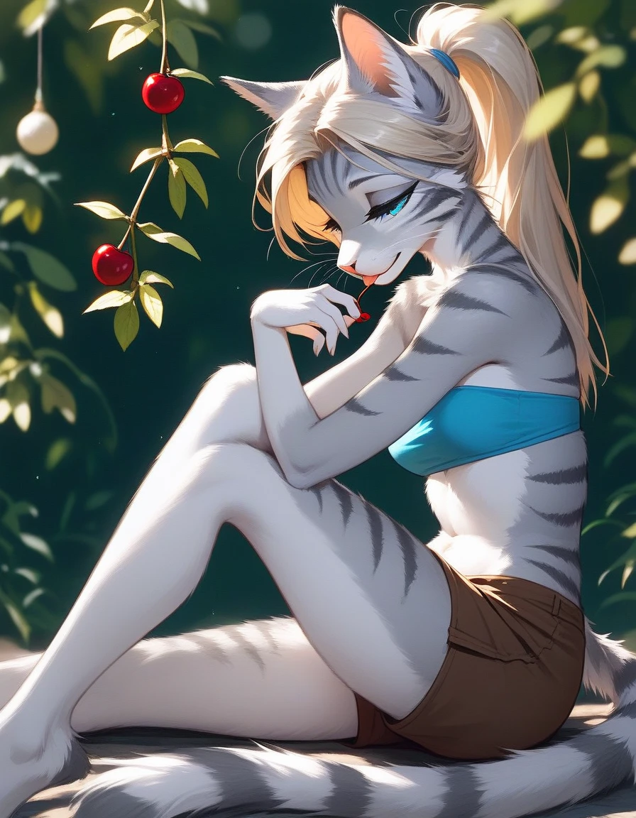 Solo, score_9,score_8_up,score_7_up, source_furry, (Kat, Anthro furry feline girl, adult female, blue eyes, blonde hair, hair in a pony tail, eyes half closed, silver fur, grey stripes, tail), wearing blue bandeau, brown shorts, standing, sitting, legs crossed, barefoot, holding a cherry by the stem,, licking a cherry, lacing cherry on her tongue, seductive 