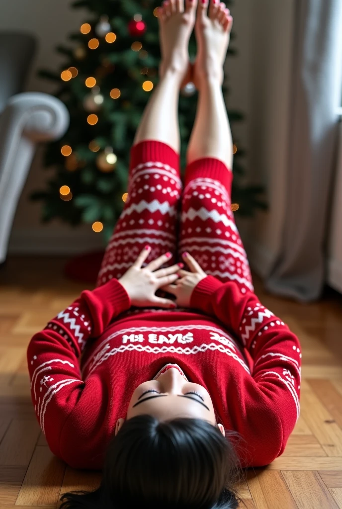  22 year old blonde woman, wearing a christmas sweater, wearing christmas yoga pants, bending over on the floor having sex, christmas tree, close up photo, bending over completely, laying on the floor, view from behind, picture taken from above and behind 