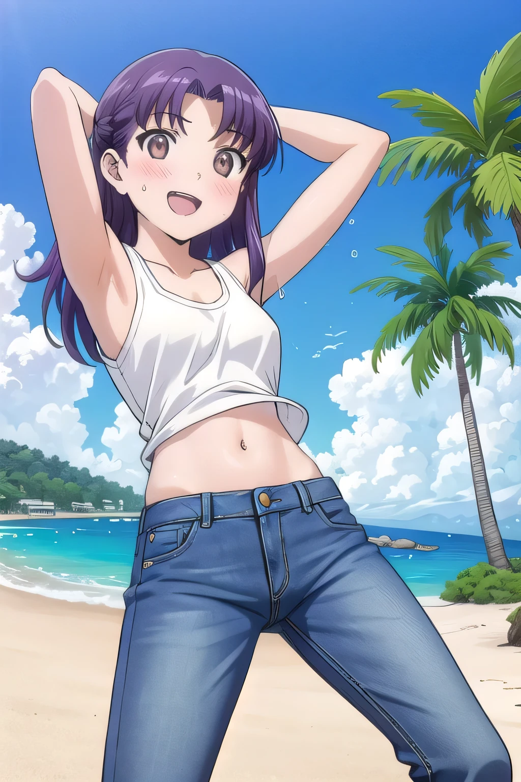 masterpiece,best quality,ultra detail,1girl, **yo, ***ite, ((round face, ecstasy, orgasm face, drooping eyes, shame smiling, blush)), dropping eyes, sleepy, background((under the beach, (day:1.2), palm tree, bright sky)), misato katsuragi, long hair, (brown eyes:1.5), (purple hair:1.2), (parted bangs:1.5), arms behind head, contrapposto, spread armpits, looking at viewer,, white tank top, white crop top, (jeans pants:1.2, flares jeans:1.2, skinny jeans:1.2, blue jeans:1.2), standing, (legs spread:1.4), dynamic pose, Sweaty crotch, Steam from the crotch, (view wide:1.15), medium body