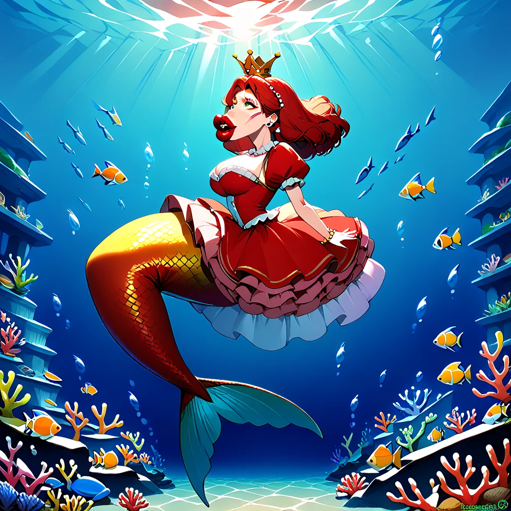 score_9_up, score_8, score_7, best quality, masterpiece, uncensored, big lips, /stalliona, dorse, futanari, facing viewer, rolling eyes, red lips, solo, wear mermaid dress, pearl crown, from side, full body, looking at viewer, underwater, fish, bubble airs, coral,