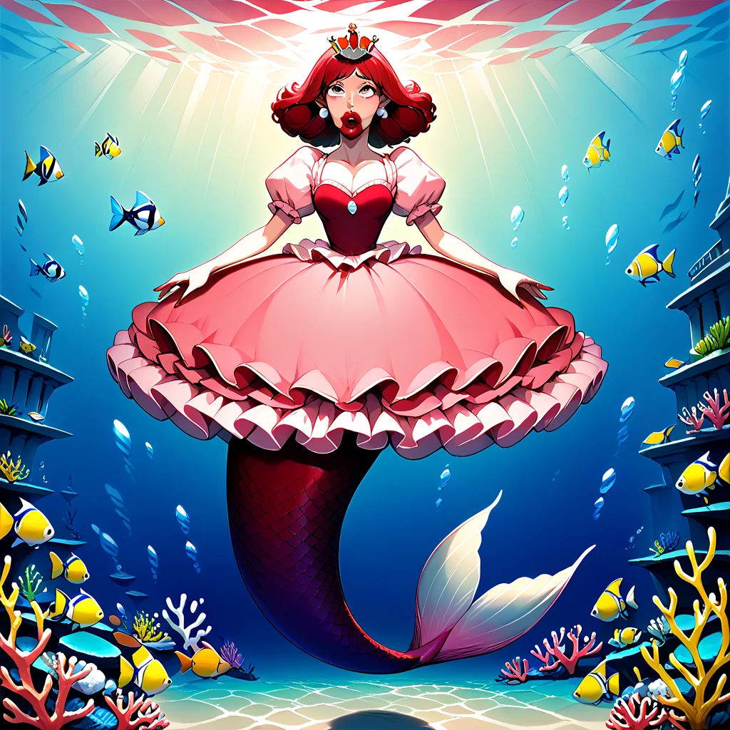 score_9_up, score_8, score_7, best quality, masterpiece, uncensored, big lips, /stalliona, dorse, futanari, facing viewer, rolling eyes, red lips, solo, wear pink mermaid dress, pearl crown, full body, underwater, fish, bubble airs, coral,