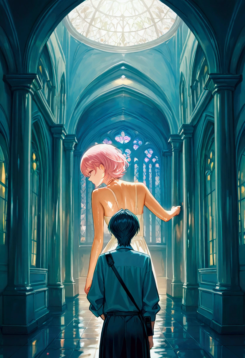  with short hair , Drawn by Aoiro Studio and Masa Akikomori, ,  from behind ,  matte painting ,  drawn in oil paint style,  she has been talked about on the Network Guardian , Surreal and dreamy atmosphere.