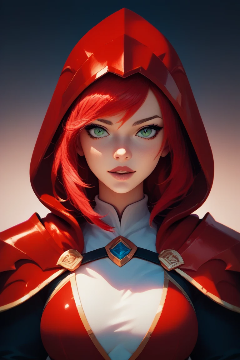 blood mage girl with red hair in red robeand red helmet-hood with deep decolte