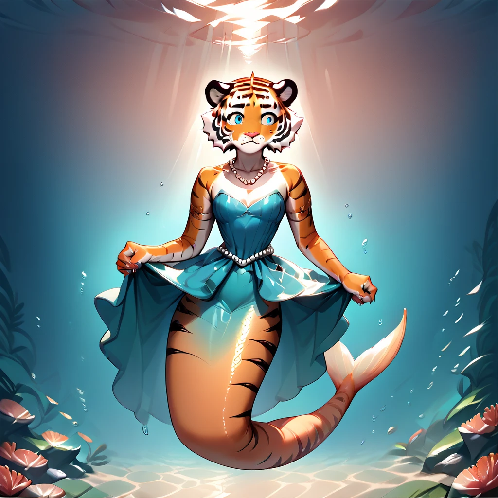 Anthro Tiger, tiger girl, solo, Anthro Tiger wear mermaid dress, clavage, shy, blue eyes, pearl crown, pearl necklace, underwater, 