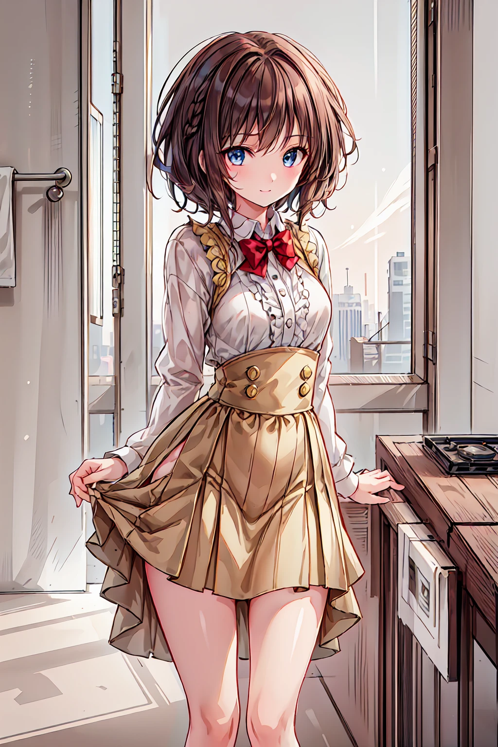 ( top quality ,masterpiece:1.3,  super high res),(  very detailed,  caustics,8k),(  realistic :1.4,RAW shooting),18 years old,  Japanese  ,  cute,  Looking at the camera and smiling  ,blazer uniform,  slouching position with collar,  waist up shot  ,(  focus on faces :1.2),(  face close-up :1.2),(Low position:1.3),(  low angle:1.4),Brown Hair，  shortcuts，  slender beauty  ，  messy hair，Cityscape， Brown Hair， shortcuts， Unkempt Hair ，Short braided hair，Neat， slender beautiful woman，Correct posture，Small chest， beautiful legs， enchanting gray-blue eyes shine like stars，Droopy eyes， brightly colored , beautiful eyes,A delicate smile,Textured Skin, best quality best , gentle and beautiful woman , anime style､