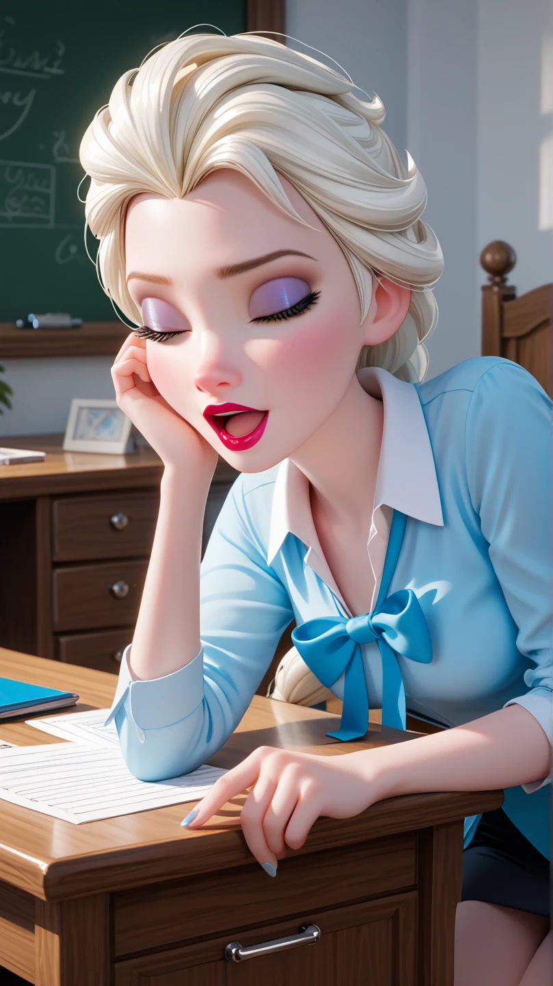 score_9, score_8_up, score_7_up, score_6_up, rating_safe, BREAK Elsa, 1girl, solo, porcelain skin, white hair, closed eyes, open mouth, blue bow, ponytail, fair skin, naughty face, Disney 3D render, ((Princess Elsa wearing as a sexy teacher, bare heel sandals, sitting behind of a desk, bending over the desk table, fingering her pussy), Disney 3D render,  ((taking off one shoe, missing one shoe, showing right foot-toes)), (Elsa's face exactly as original Disney character),