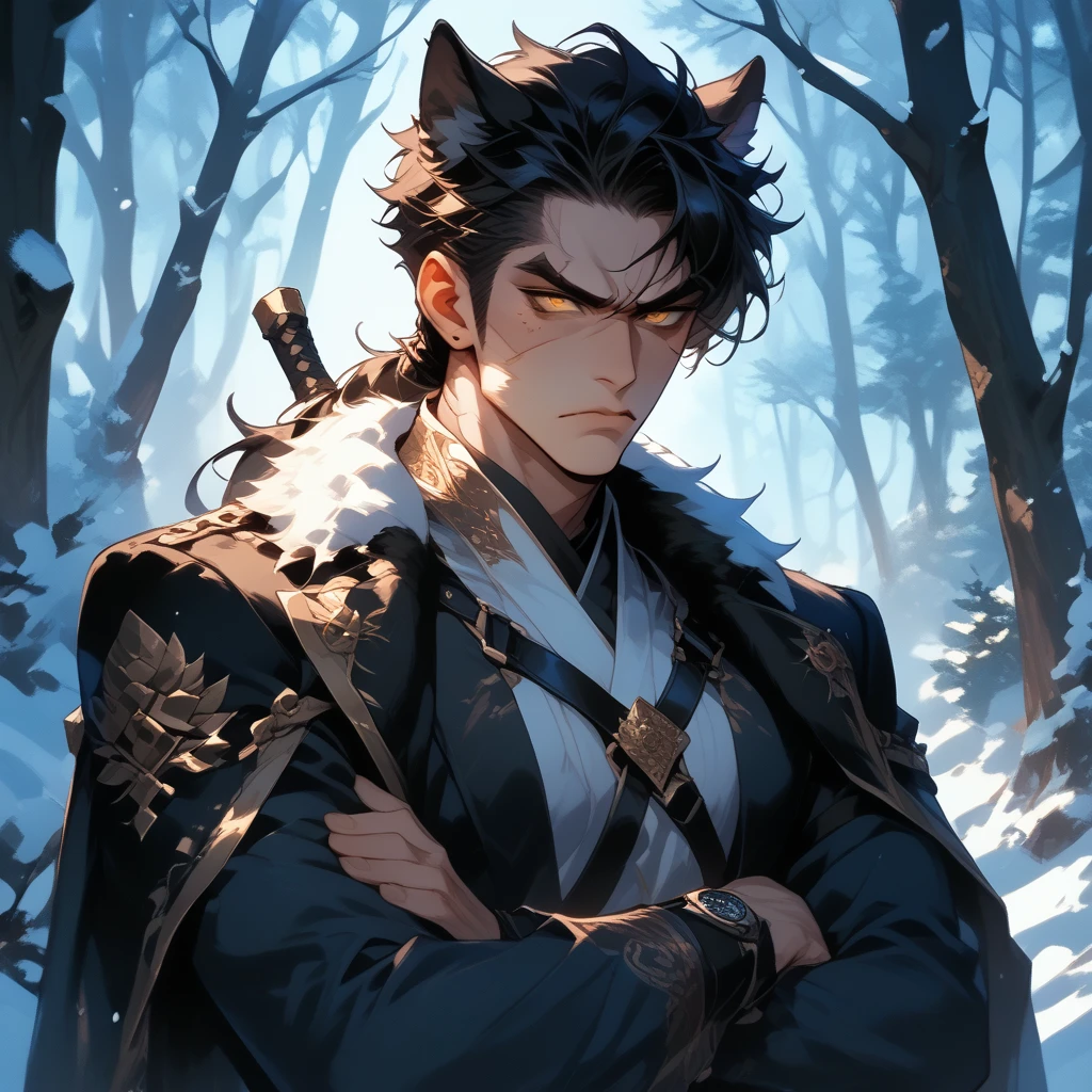 (score_9, score_8_up), score_7_up, 1boy, wolf ears and tail, dark fur clothes, leather harness, Long Black hair, hair past shoulders, scars on cheek and body, Golden eyes. (35 years old), Stubble on chin, strong jaw, Stoic, stern, neutral expression, Snowy forest background, frowning, crossed arms