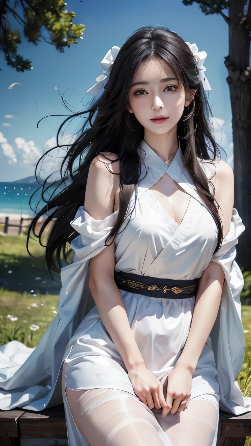 (logo、masterpiece、8K、Tabletop、RAW Photos、wonderful、最high quality、Photorealistic and very detailed CG composite 8k wallpaper、high quality、Very detailed、Narrative poem、Particle Effects、Dynamic Effects、Depth of the Boundary)What is written is、Cinematic Light、Lens flare、Ray Tracing)、Fantasy、(night、Night Sky、Starry Sky、full moon)、(A girl looking up at the sky)、sit、 cute、Japanese、(smile)、Long Black Hair、Strong winds、(Hair blowing in the wind)、(White Dress)、Natural light、moonlight、(Horizontal photography)、(Bust up shot)、(Low position)、(Low - Angle)