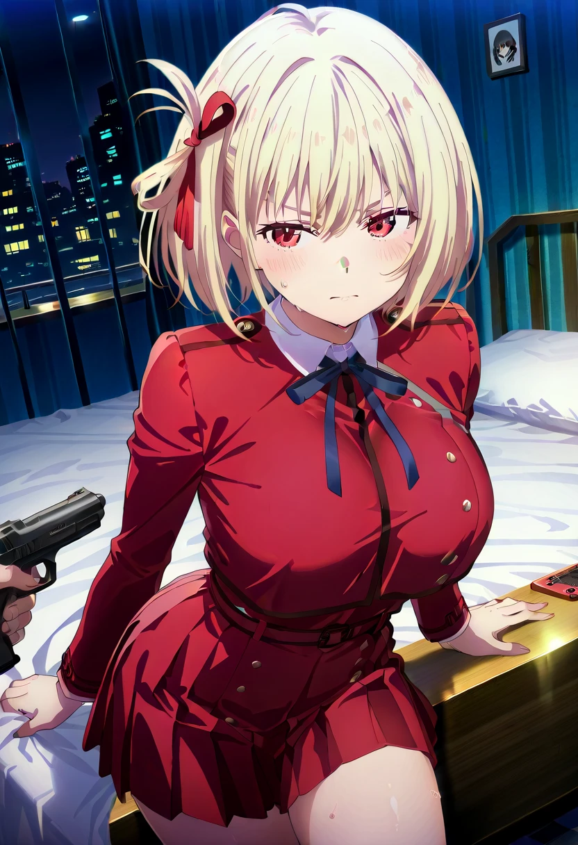 ( realistic、masterpiece、 top quality、  table top in bed、  detailed face  、 cute)、Lycoris、Nishikigi Sensoku 、((Blonde))、 (( short hair with shadows))、( one up side、 red hair ribbon 、 red eyes)、  big breasts、 ((red and gray uniform、 short skirt))、  1 girl,( serious expression)、((sweat))、(((night)))、(( nightclub、Yakuza))、(( and hold up your gun))、((Dynamic))、(( dynamic angle))、((Hitman))